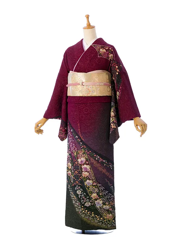 訪問着 HADN060 正絹 こげ茶ﾗﾒ織 ﾜｲﾝ/ｸﾞﾘｰﾝぼかし 辻が花
