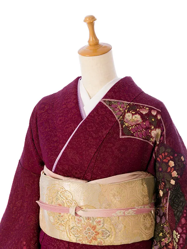 訪問着 HADN060 正絹 こげ茶ﾗﾒ織 ﾜｲﾝ/ｸﾞﾘｰﾝぼかし 辻が花