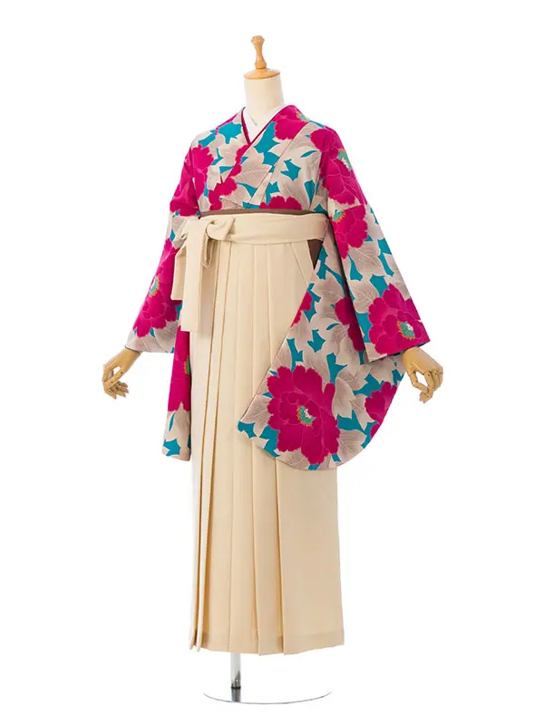 卒業袴 R052 HDL0052 ﾀｰｺｲｽﾞ ﾋﾟﾝｸ 牡丹|ｸﾘｰﾑ白