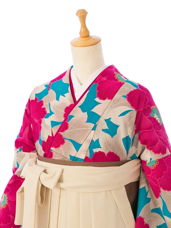 卒業袴 R052 HDL0052 ﾀｰｺｲｽﾞ ﾋﾟﾝｸ 牡丹|ｸﾘｰﾑ白