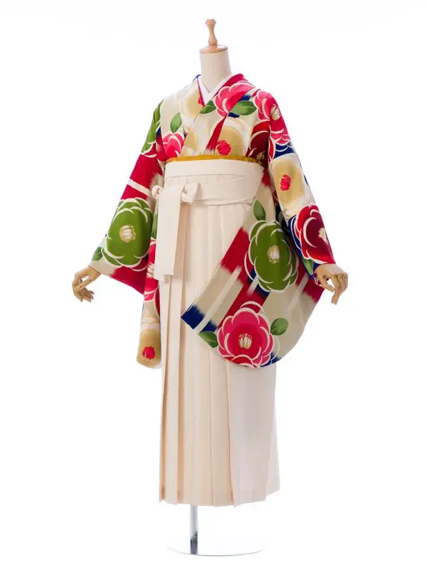 卒業袴 R0129 H157-25-3 ｸﾘｰﾑ×紺赤MIX 椿|ｸﾘｰﾑ袴