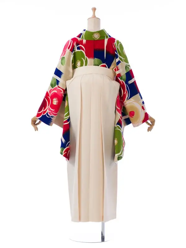 卒業袴 R0129 H157-25-3 ｸﾘｰﾑ×紺赤MIX 椿|ｸﾘｰﾑ袴