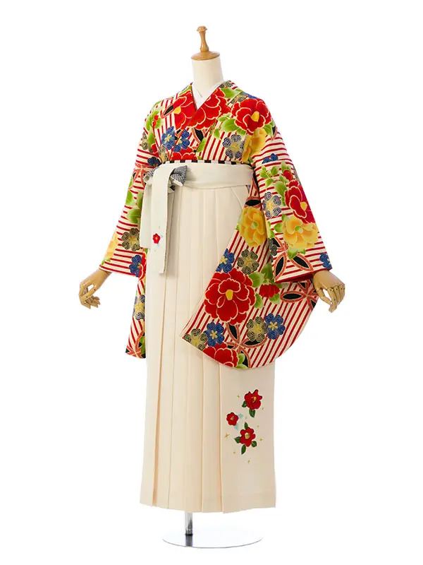 卒業袴 R0157_H127-25-2 九重 赤×ｸﾘｰﾑ縞椿|ｸﾘｰﾑ 椿