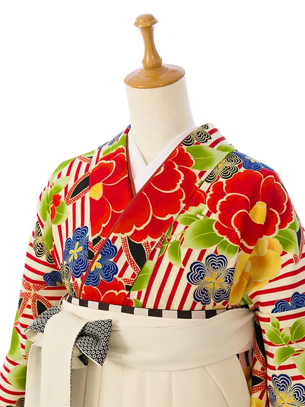 卒業袴 R0157_H127-25-2 九重 赤×ｸﾘｰﾑ縞椿|ｸﾘｰﾑ 椿