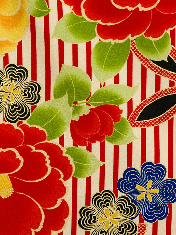 卒業袴 R0157_H127-25-2 九重 赤×ｸﾘｰﾑ縞椿|ｸﾘｰﾑ 椿