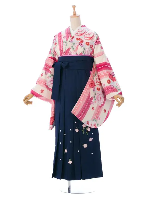 卒業袴 R023E H115-26-6 ﾋﾟﾝｸ×ｸﾘｰﾑ 矢絣|紺袴99