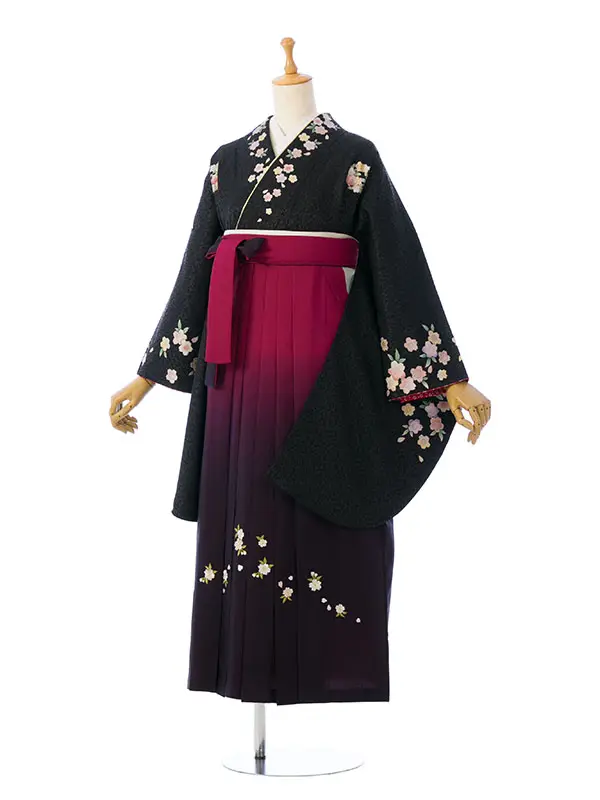 卒業袴 R1012 E-H012-24-3 黒地 花紋 桜|赤紫ぼかし袴 桜刺繍