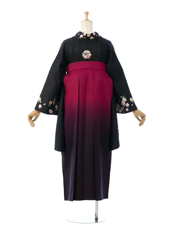 卒業袴 R1012 E-H012-24-3 黒地 花紋 桜|赤紫ぼかし袴 桜刺繍