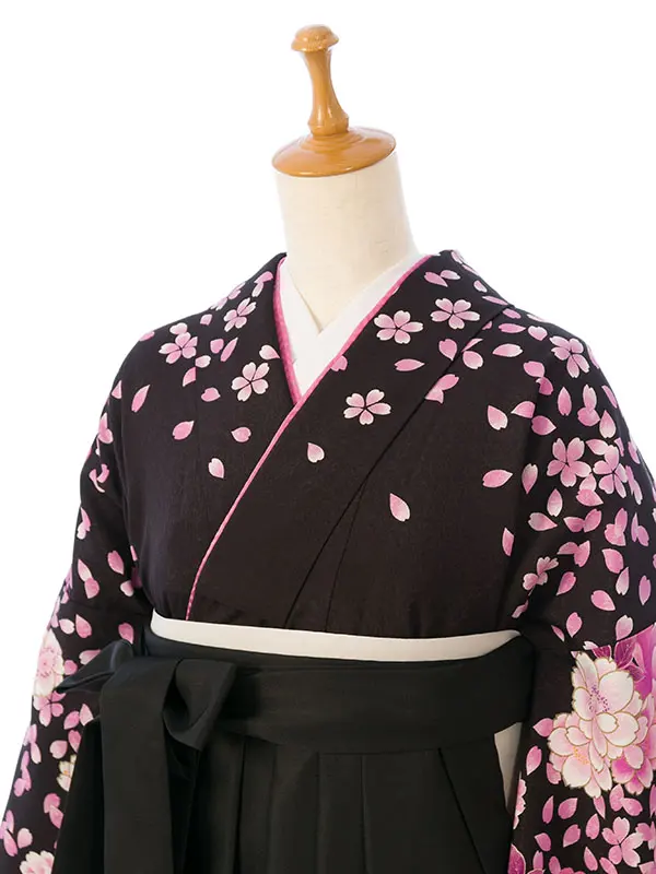 卒業袴 R1117 HDL1117 黒 ﾋﾟﾝｸ 牡丹に桜|黒