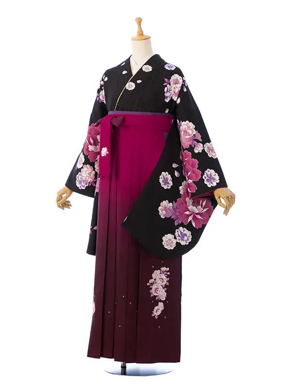 卒業袴 R1158_H139-26-1 黒 牡丹桜|ﾛｰｽﾞﾋﾟﾝｸ 桜刺繍