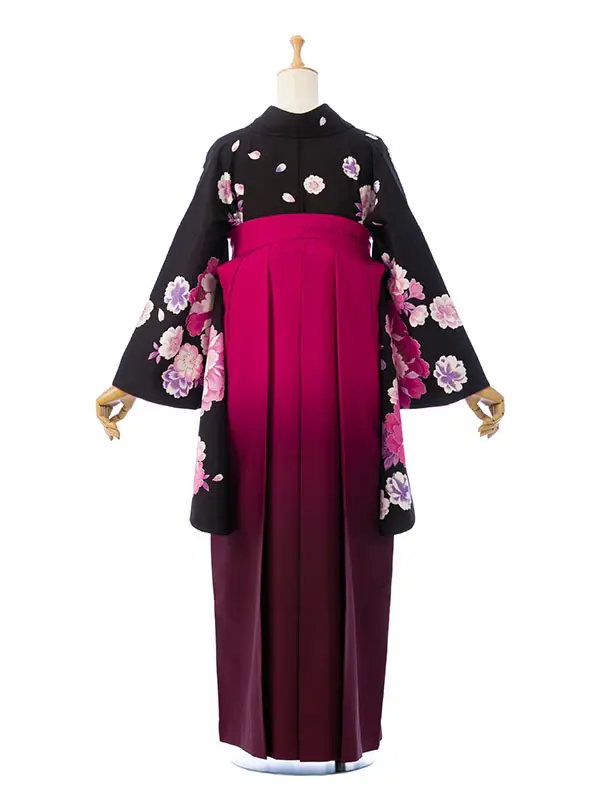 卒業袴 R1158_H139-26-1 黒 牡丹桜|ﾛｰｽﾞﾋﾟﾝｸ 桜刺繍