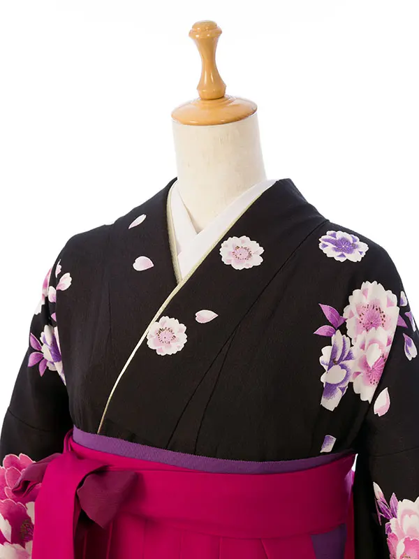 卒業袴 R1158_H139-26-1 黒 牡丹桜|ﾛｰｽﾞﾋﾟﾝｸ 桜刺繍