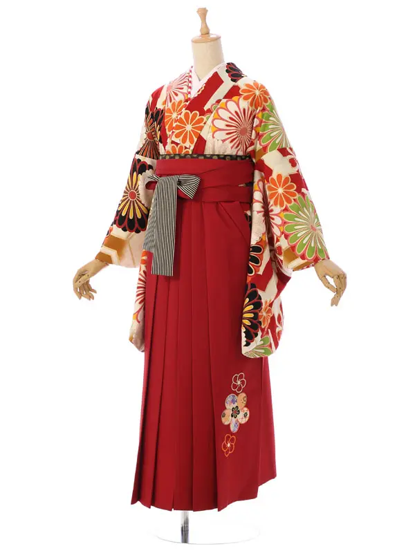 卒業袴 R1336H_H131-25-3 中村里砂 白×赤 亀甲菊/ダークレッド