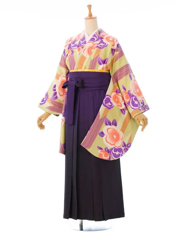 卒業袴 R1483A E-H054-24-10 鶯色 矢絣に椿|紫