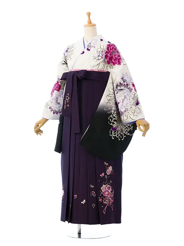 卒業袴 8R1202_8H69-260  白地黒ぼかし 牡丹|紫99