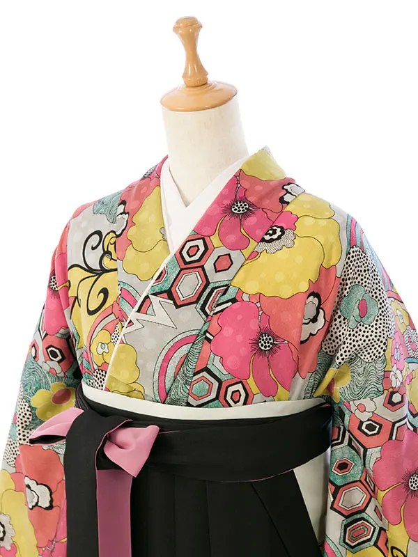 卒業袴 HELE220 HDLE220 MA ｸﾞﾚｰ×黄|黒×ﾋﾟﾝｸ 95