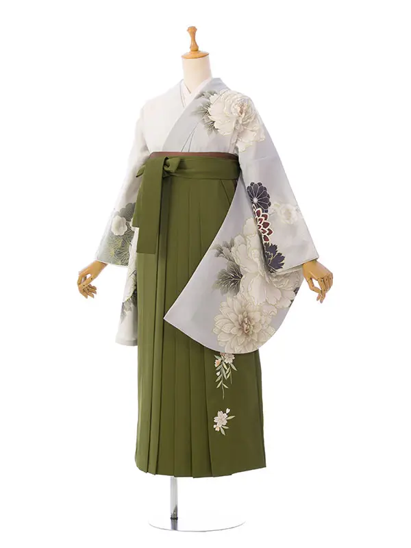卒業袴 HELE460 H28-240 白薄ｸﾞﾚｰ牡丹に松竹梅|抹茶袴91