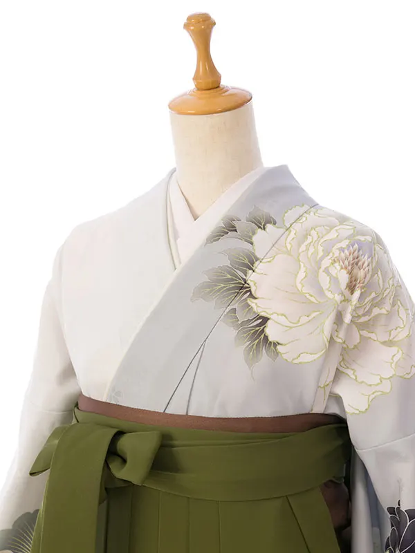 卒業袴 HELE460 H28-240 白薄ｸﾞﾚｰ牡丹に松竹梅|抹茶袴91