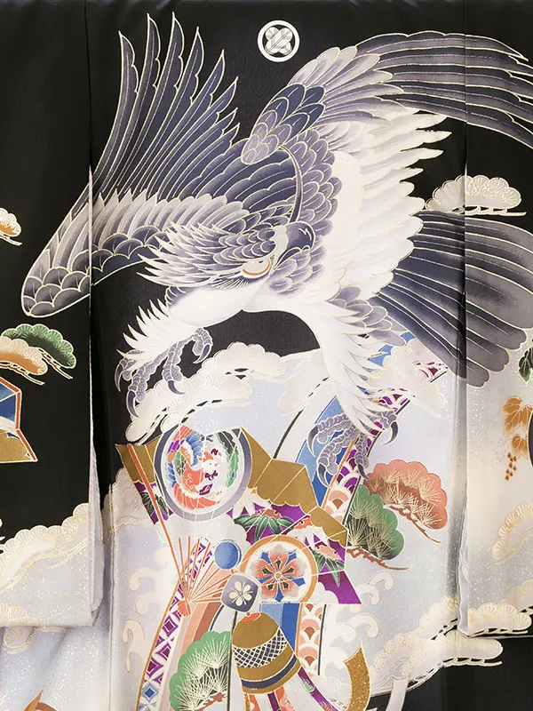 男児産着 E-1N106 黒地 飛翔鷹 扇 | 正絹