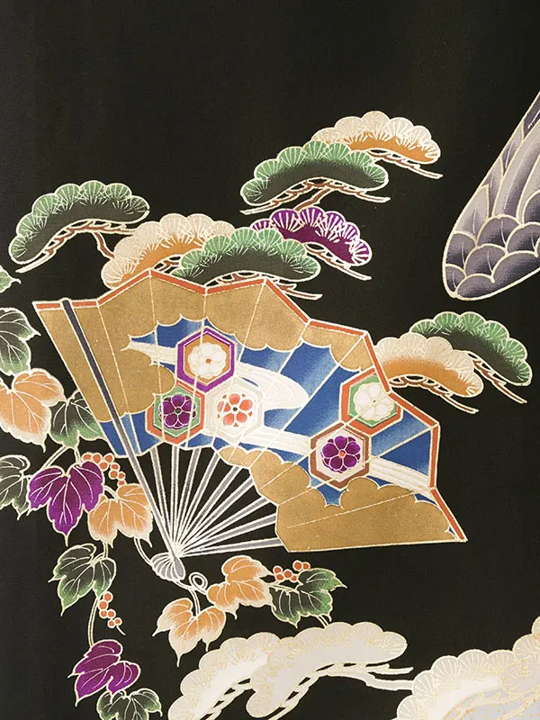 男児産着 E-1N106 黒地 飛翔鷹 扇 | 正絹