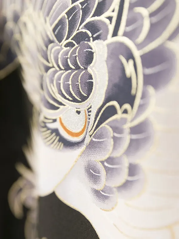 男児産着 E-1N106 黒地 飛翔鷹 扇 | 正絹