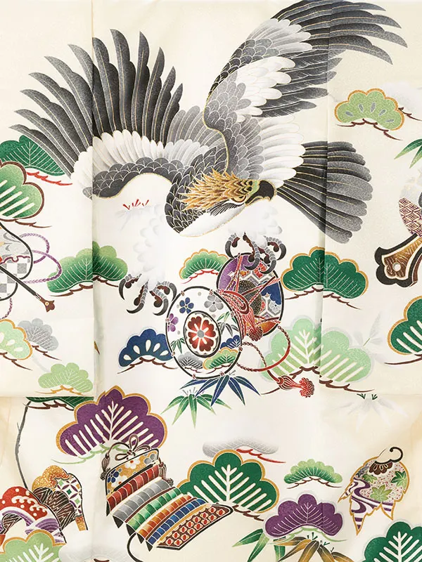 男児産着 HALA041 白地 鷹に鼓 松竹梅 | 化繊