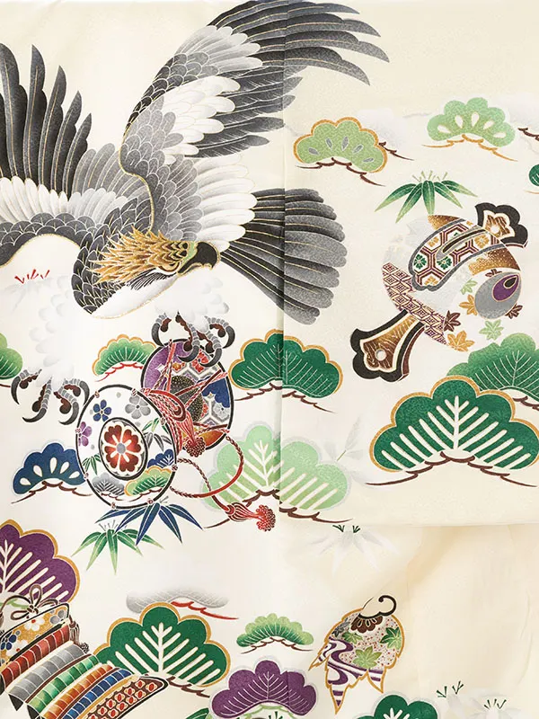 男児産着 HALA041 白地 鷹に鼓 松竹梅 | 化繊