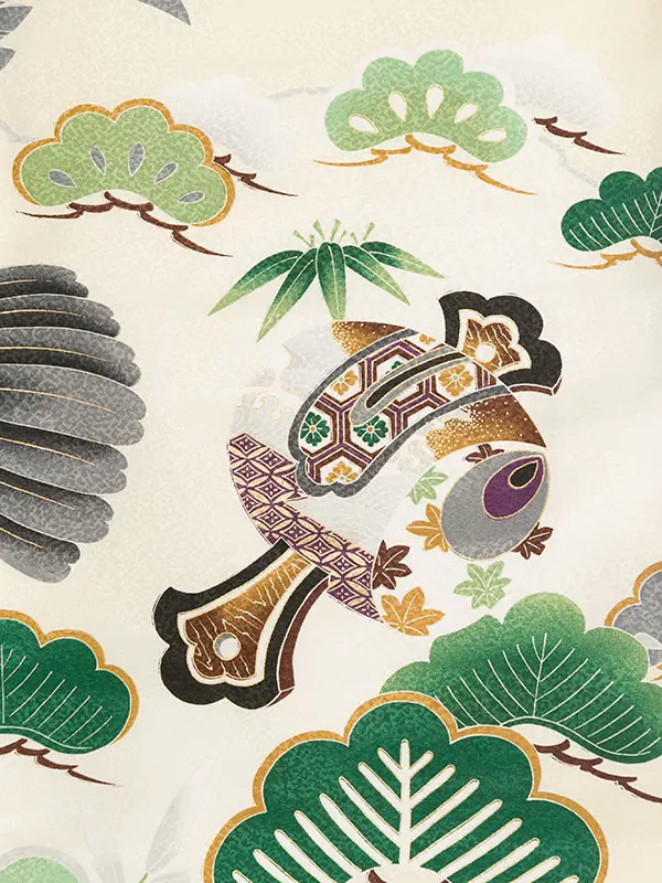 男児産着 HALA041 白地 鷹に鼓 松竹梅 | 化繊