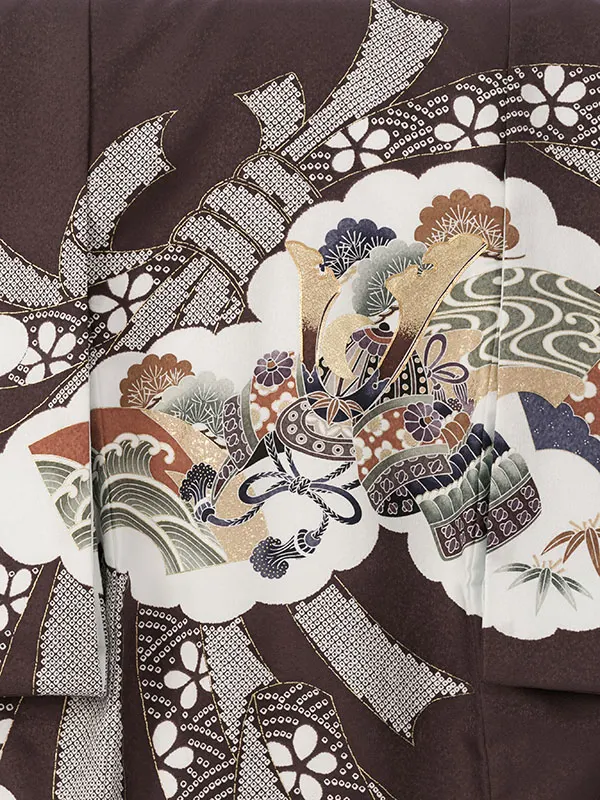 男児産着 HALA134 茶紫 束ね熨斗に兜 軍配 金彩