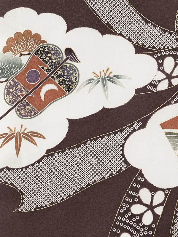 男児産着 HALA134 茶紫 束ね熨斗に兜 軍配 金彩