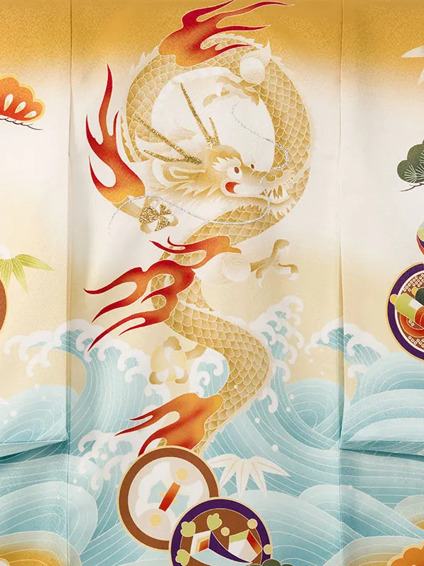 男児産着 HALA143 花うさぎ 金茶×ｸﾘｰﾑ 龍|化繊