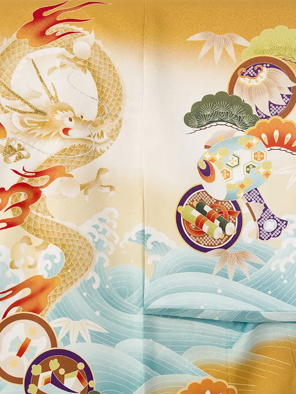 男児産着 HALA143 花うさぎ 金茶×ｸﾘｰﾑ 龍|化繊