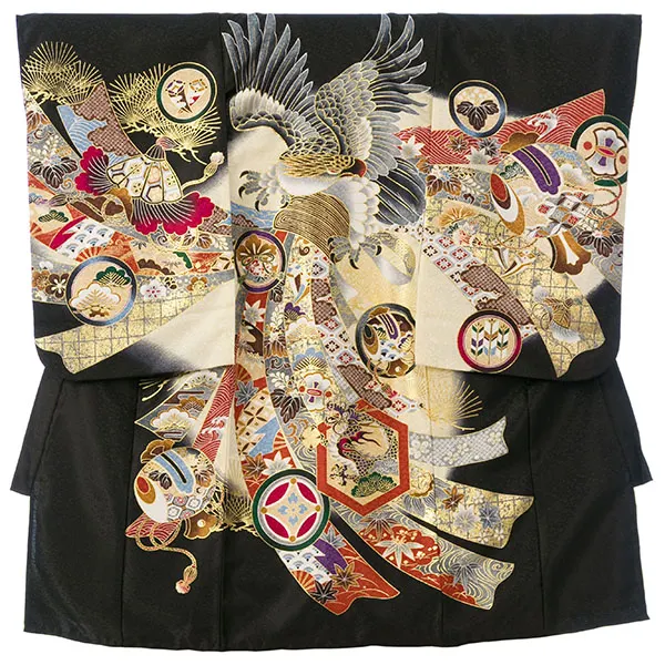 男児産着(6月-9月) HALA147 単衣 黒ｸﾘｰﾑ鷹刺繍| 化繊