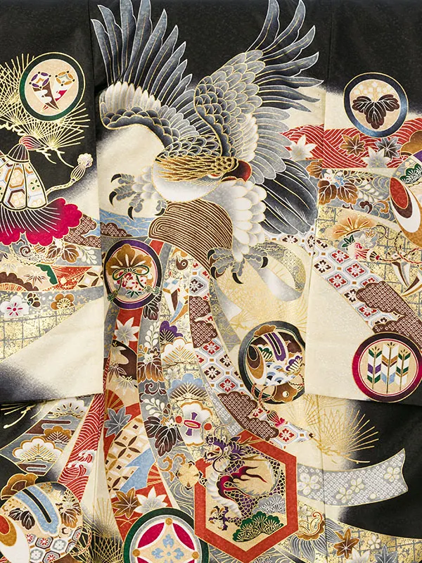 男児産着(6月-9月) HALA147 単衣 黒ｸﾘｰﾑ鷹刺繍| 化繊