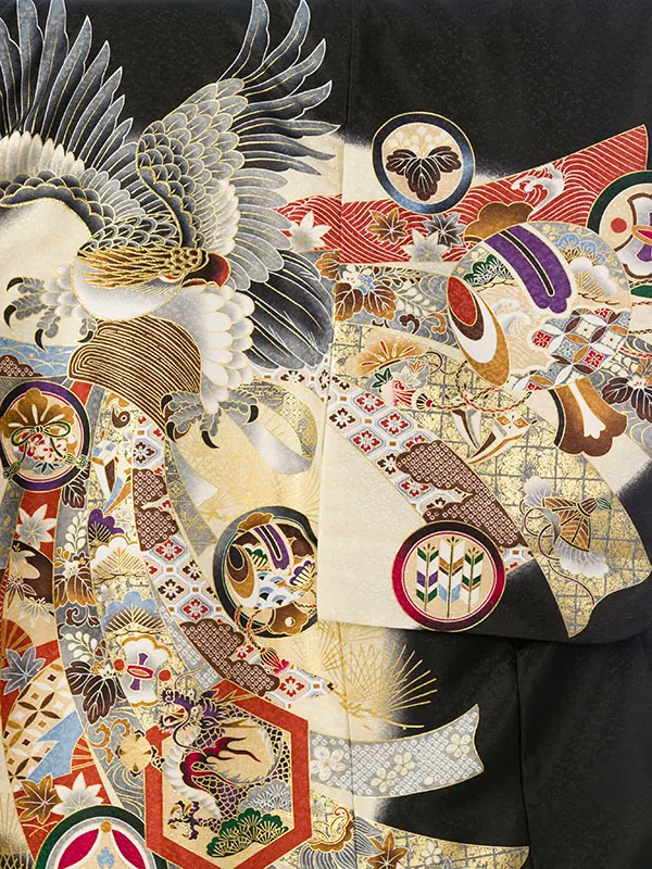 男児産着(6月-9月) HALA147 単衣 黒ｸﾘｰﾑ鷹刺繍| 化繊