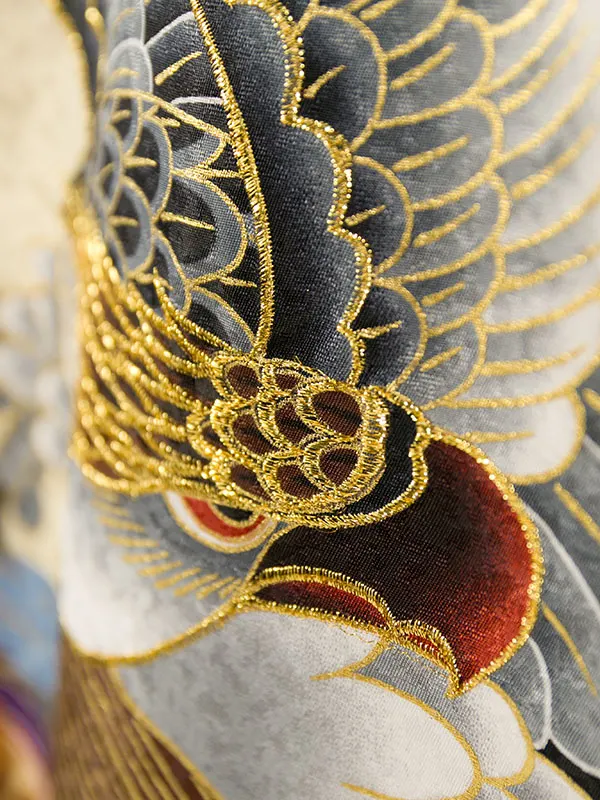 男児産着(6月-9月) HALA147 単衣 黒ｸﾘｰﾑ鷹刺繍| 化繊