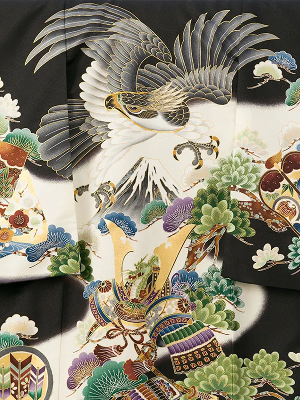 男児産着(6月-9月) HALA148 単衣 黒鷹刺繍| 化繊