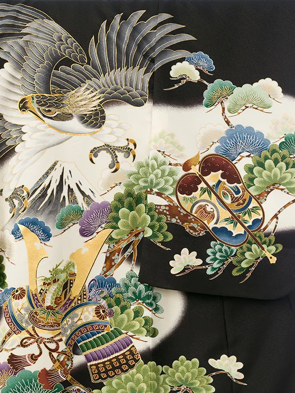 男児産着(6月-9月) HALA148 単衣 黒鷹刺繍| 化繊