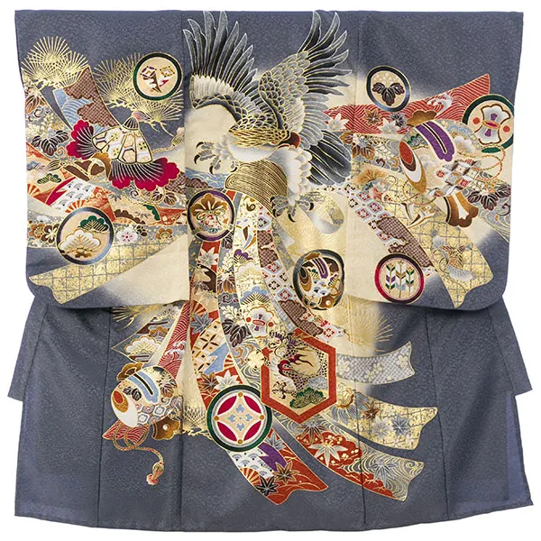 男児産着(6月-9月) HALA149 単衣 ｸﾞﾚｰ鷹に富士兜刺繍| 化繊