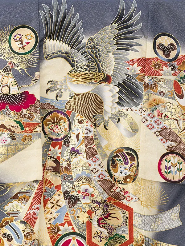 男児産着(6月-9月) HALA149 単衣 ｸﾞﾚｰ鷹に富士兜刺繍| 化繊