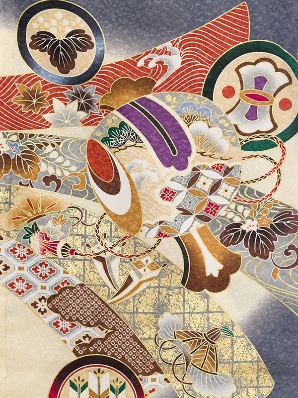 男児産着(6月-9月) HALA149 単衣 ｸﾞﾚｰ鷹に富士兜刺繍| 化繊