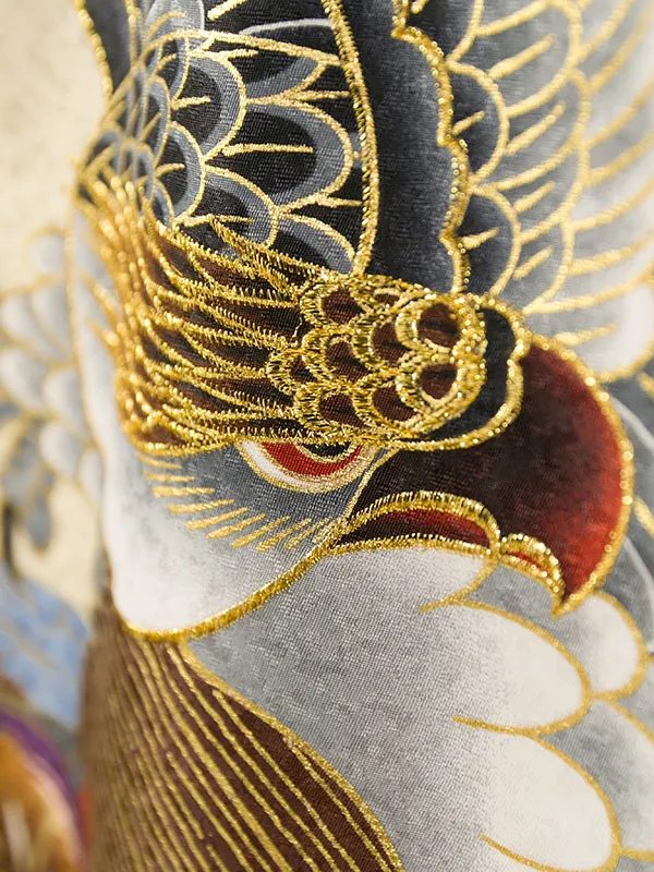 男児産着(6月-9月) HALA149 単衣 ｸﾞﾚｰ鷹に富士兜刺繍| 化繊