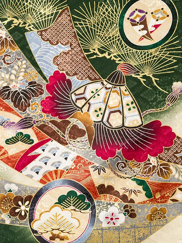 男児産着(6月-9月) HALA150 単衣 濃緑ｸﾘｰﾑ兜に熨斗刺繍| 化繊