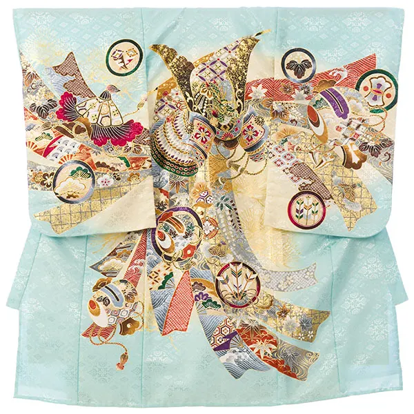 男児産着(6月-9月) HALA151 単衣 水色ｸﾘｰﾑ兜刺繍| 化繊