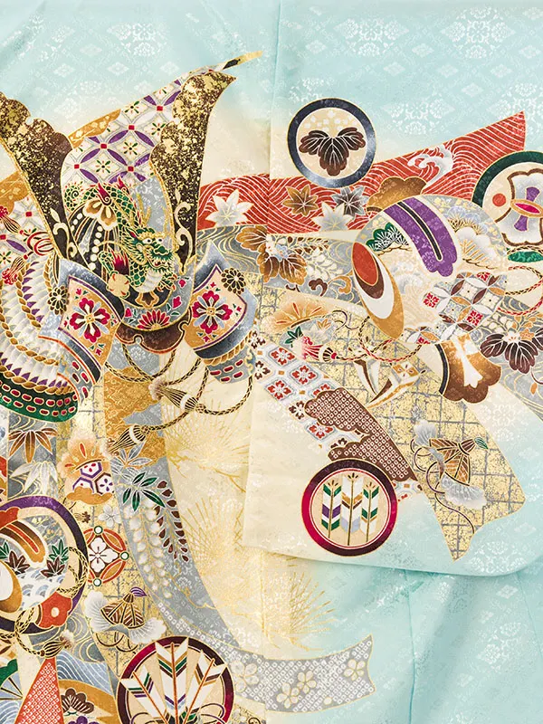 男児産着(6月-9月) HALA151 単衣 水色ｸﾘｰﾑ兜刺繍| 化繊