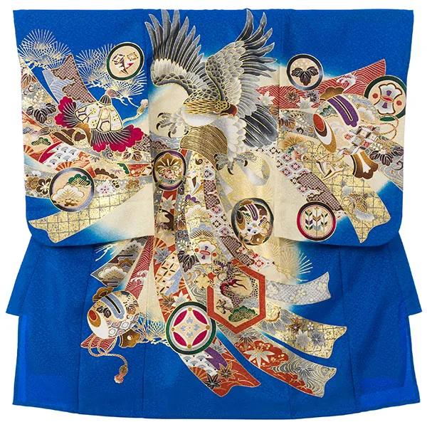 男児産着(6月-9月) HALA152 単衣 青ｸﾘｰﾑ鷹刺繍| 化繊