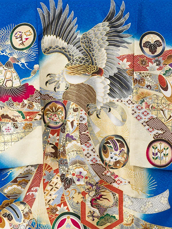 男児産着(6月-9月) HALA152 単衣 青ｸﾘｰﾑ鷹刺繍| 化繊