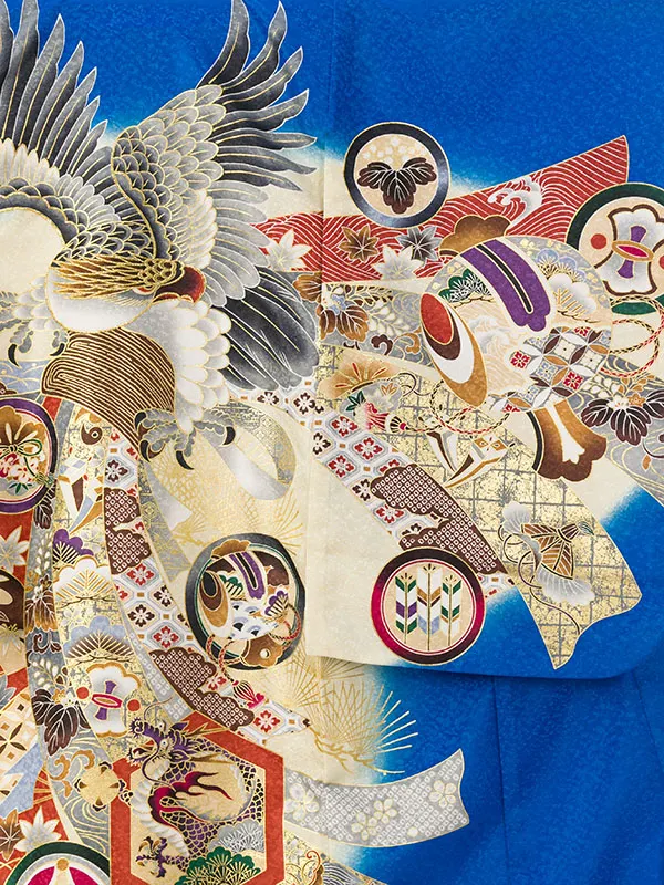 男児産着(6月-9月) HALA152 単衣 青ｸﾘｰﾑ鷹刺繍| 化繊