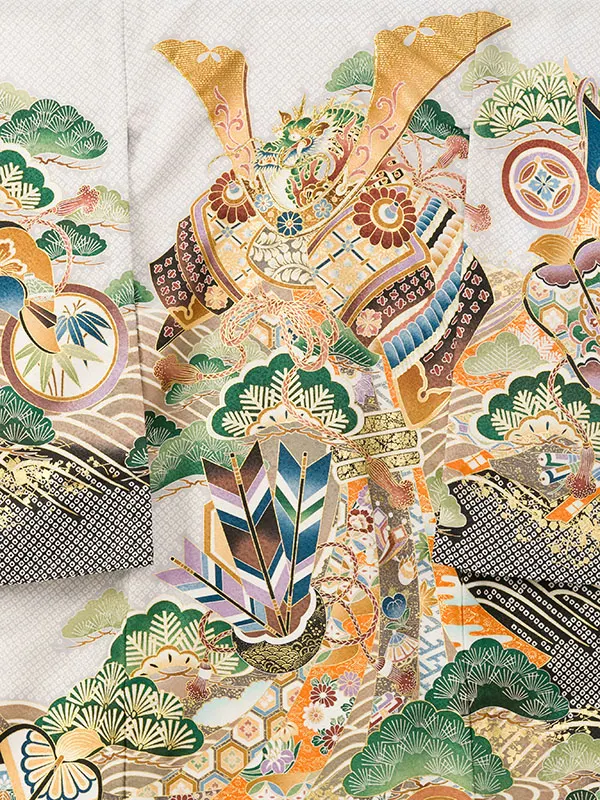 男児産着(6月-9月) HALA160 単衣 疋田薄ｸﾞﾚｰ/黒兜| 化繊