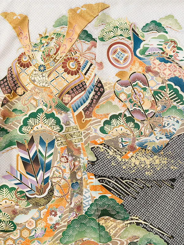 男児産着(6月-9月) HALA160 単衣 疋田薄ｸﾞﾚｰ/黒兜| 化繊